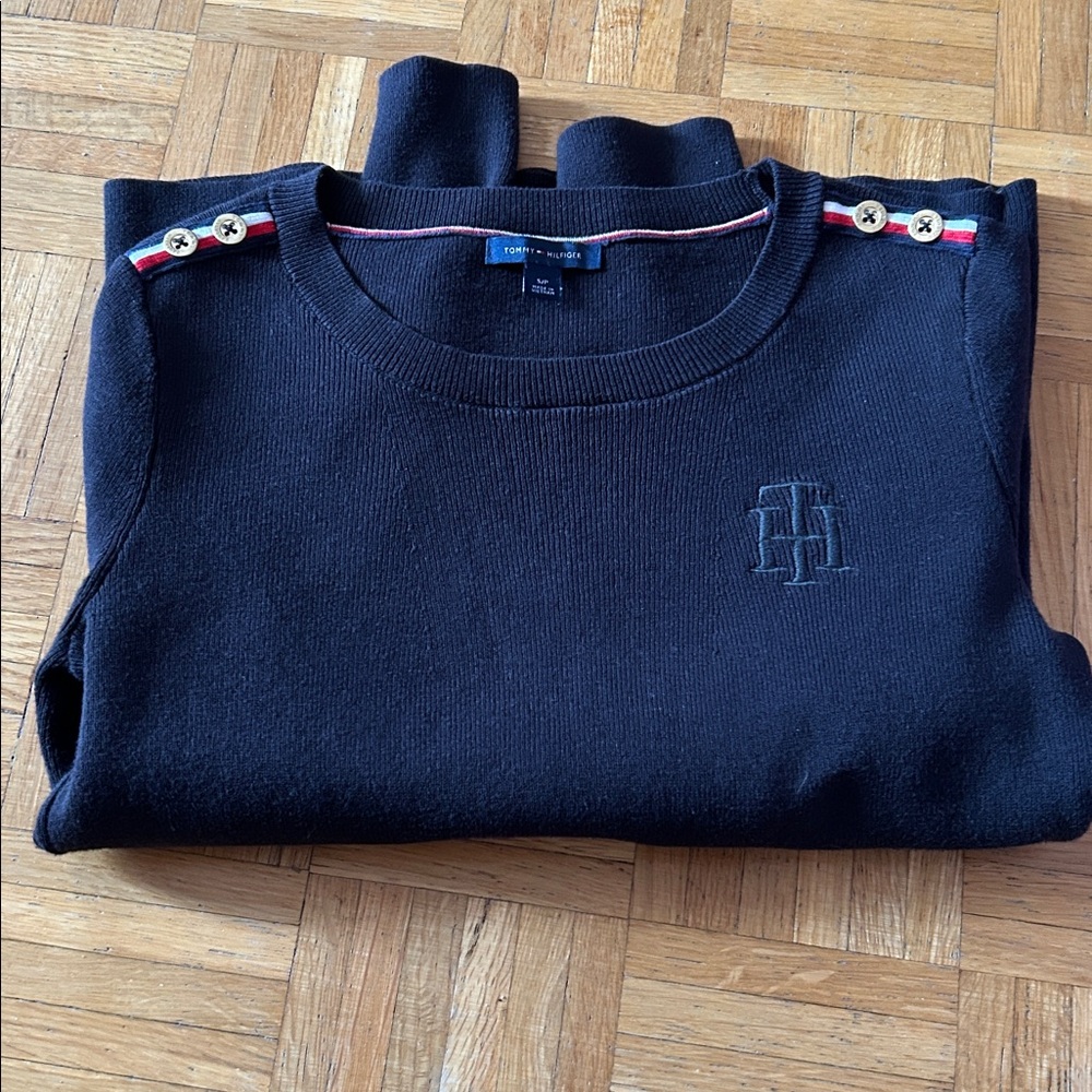 Tommy Hilfiger Black Long Sleeve Top with Gold Button Accents